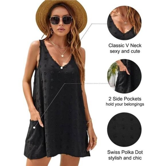 Womens Swiss Polka Dot V Neck Tank Dress Beach Cover Up Pockets Summer Casual - Picture 3 of 6